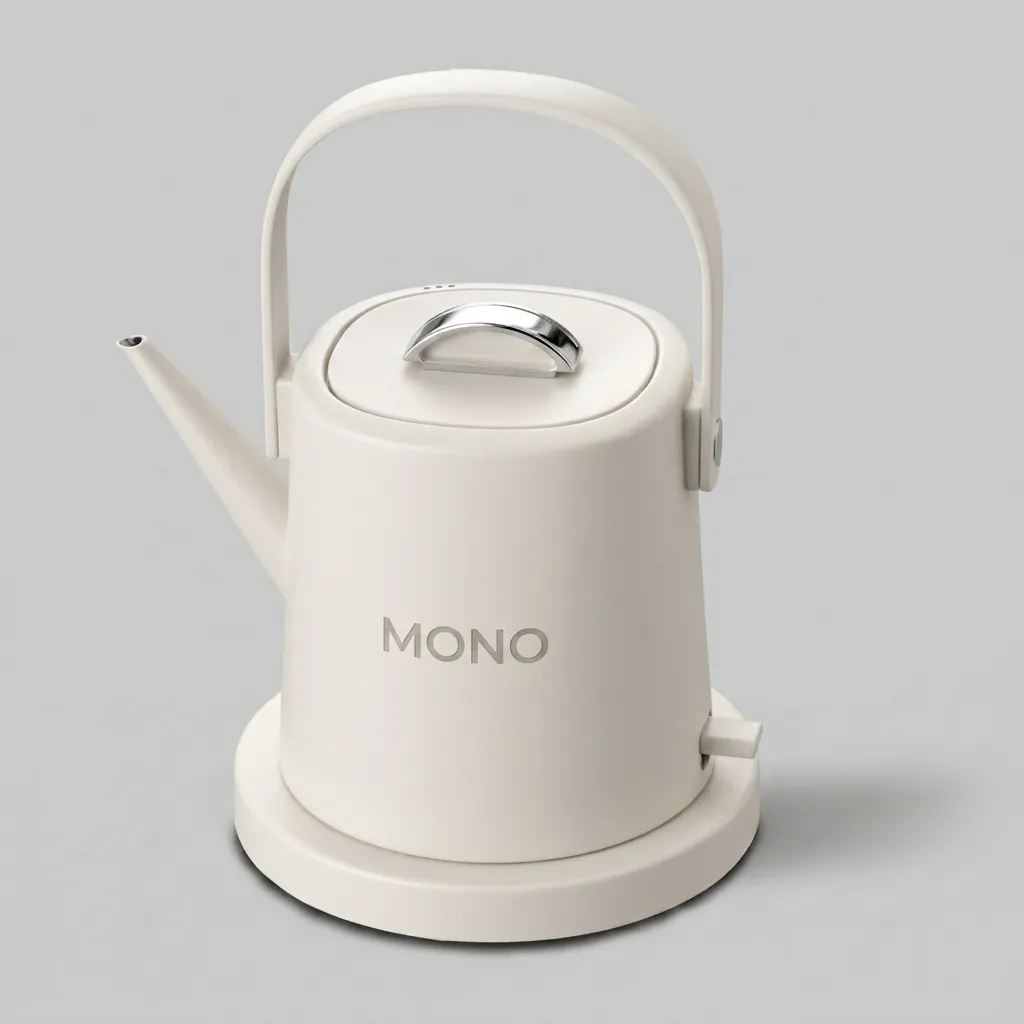 Stainless Steel Vranus Full Handle Kettle 1.0L with Anti-Scald [1040] — KTL-1040 — A 1.0L gooseneck electric kettle in food-grade 304 stainless steel with a full anti-scald metal handle and a base-mounted LED temperature display. A 1200 to 1400W branded controller delivers fast, precise boiling with auto shut-off and boil-dry protection, perfect for pour-over coffee. A concealed element and 360-degree cordless base complete it, in black, white or grey. (image 1)