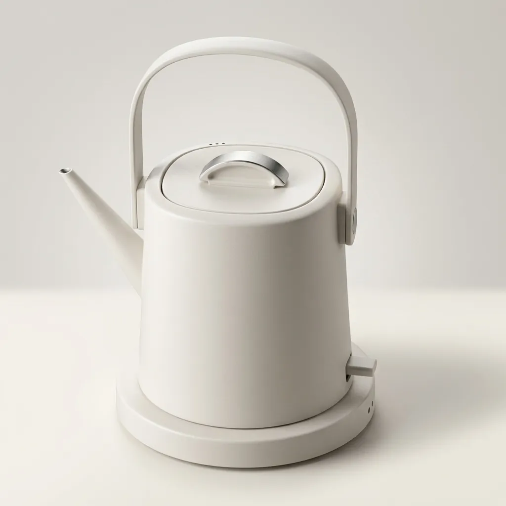 Stainless Steel Vranus Full Handle Kettle 1.0L with Anti-Scald [1040] — KTL-1040 — A 1.0L gooseneck electric kettle in food-grade 304 stainless steel with a full anti-scald metal handle and a base-mounted LED temperature display. A 1200 to 1400W branded controller delivers fast, precise boiling with auto shut-off and boil-dry protection, perfect for pour-over coffee. A concealed element and 360-degree cordless base complete it, in black, white or grey. (image 2)