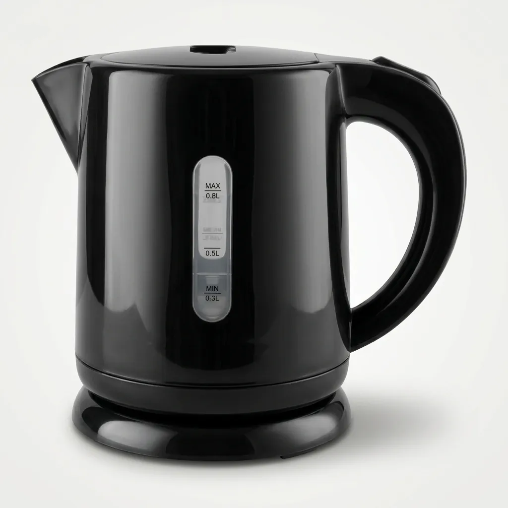 Stainless Steel Electric Kettle 0.8L with Triple Protection [1044] — KTL-1044 — A 0.8L electric kettle in food-grade 304 stainless steel with a durable UK Strix triple-protection controller. Rated 1350W with automatic shut-off, it boils quickly and safely for in-room beverage service. A compact, reliable choice finished in black. (image 3)