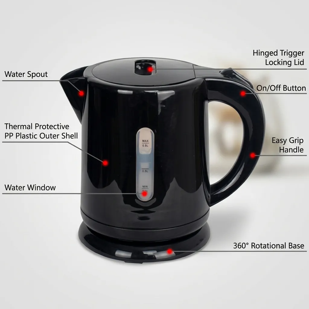 Stainless Steel Electric Kettle 0.8L with Triple Protection [1044] — KTL-1044 — A 0.8L electric kettle in food-grade 304 stainless steel with a durable UK Strix triple-protection controller. Rated 1350W with automatic shut-off, it boils quickly and safely for in-room beverage service. A compact, reliable choice finished in black. (image 4)