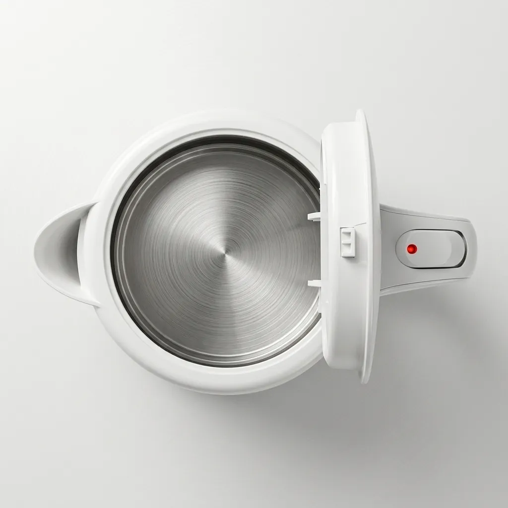 Stainless Steel Electric Kettle 0.8L with Triple Protection [1045] — KTL-1045 — A 0.8L electric kettle in food-grade 304 stainless steel with a durable UK Strix triple-protection controller. Rated 1350W with automatic shut-off, it boils fast and safely for guest rooms. A compact, dependable kettle finished in white. (image 2)
