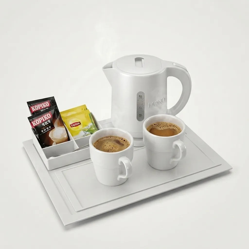 Stainless Steel Electric Kettle 0.8L with Triple Protection [1045] — KTL-1045 — A 0.8L electric kettle in food-grade 304 stainless steel with a durable UK Strix triple-protection controller. Rated 1350W with automatic shut-off, it boils fast and safely for guest rooms. A compact, dependable kettle finished in white. (image 3)