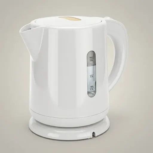 Stainless Steel Electric Kettle 0.8L with Triple Protection [1045] — KTL-1045 — A 0.8L electric kettle in food-grade 304 stainless steel with a durable UK Strix triple-protection controller. Rated 1350W with automatic shut-off, it boils fast and safely for guest rooms. A compact, dependable kettle finished in white.