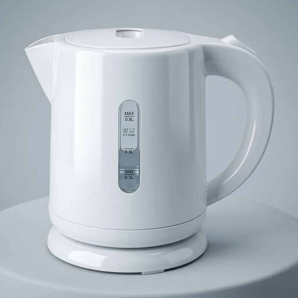Stainless Steel Electric Kettle 0.8L with Triple Protection [1045] — KTL-1045 — A 0.8L electric kettle in food-grade 304 stainless steel with a durable UK Strix triple-protection controller. Rated 1350W with automatic shut-off, it boils fast and safely for guest rooms. A compact, dependable kettle finished in white. (image 6)
