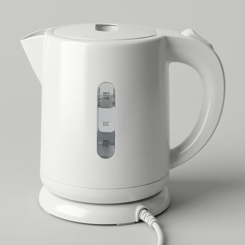 Stainless Steel Electric Kettle 0.8L with Triple Protection [1045] — KTL-1045 — A 0.8L electric kettle in food-grade 304 stainless steel with a durable UK Strix triple-protection controller. Rated 1350W with automatic shut-off, it boils fast and safely for guest rooms. A compact, dependable kettle finished in white. (image 7)