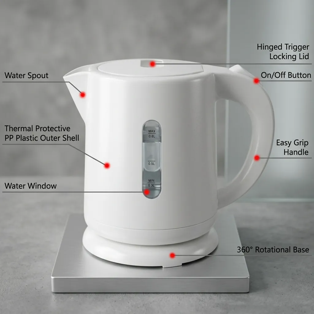 Stainless Steel Electric Kettle 0.8L with Triple Protection [1045] — KTL-1045 — A 0.8L electric kettle in food-grade 304 stainless steel with a durable UK Strix triple-protection controller. Rated 1350W with automatic shut-off, it boils fast and safely for guest rooms. A compact, dependable kettle finished in white. (image 8)