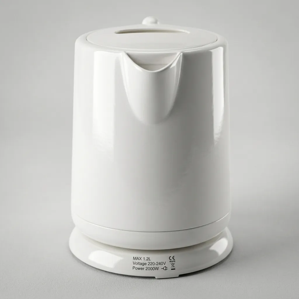 Stainless Steel Electric Kettle 0.8L with Triple Protection [1045] — KTL-1045 — A 0.8L electric kettle in food-grade 304 stainless steel with a durable UK Strix triple-protection controller. Rated 1350W with automatic shut-off, it boils fast and safely for guest rooms. A compact, dependable kettle finished in white. (image 9)
