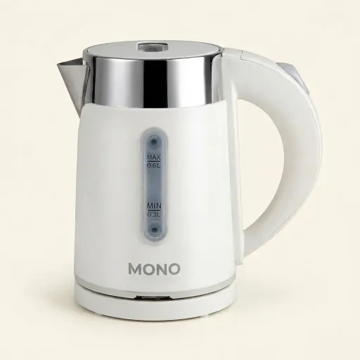 Stainless Steel Begonia Kettle 0.6L with Anti-Scald [1049] — KTL-1049 — A 0.6L electric kettle with a stainless steel interior and a cool-touch, double-body anti-scald PP shell. Rated 1000 to 1200W with auto shut-off and boil-dry protection, it boils quickly and safely with handy water-level indicators. A concealed element and 360-degree cordless base round it out, in black or white.