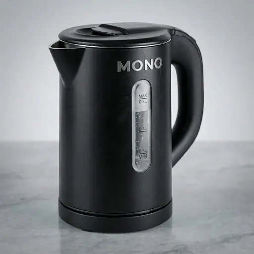 Stainless Steel Levoire Kettle 0.8L with Anti-Scald — KTL-1066 — A 0.8L electric kettle with a food-grade 304 stainless steel interior and a double-body, anti-scald PP shell. A 1000 to 1200W branded controller boils fast, with auto shut-off, boil-dry protection and handy water-level indicators. A concealed element and 360-degree cordless base make it tidy and safe, finished in black.