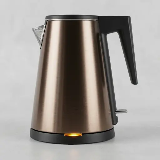 Stainless Steel Quince Kettle Golden 0.8L — KTL-1074 — A 0.8L electric kettle in food-grade 304 stainless steel with a striking golden, three-layer cool-touch body for a high-end look. A 1000 to 1200W branded controller boils fast, with auto shut-off and boil-dry protection. A concealed element, seamless build and 360-degree cordless base complete the design.
