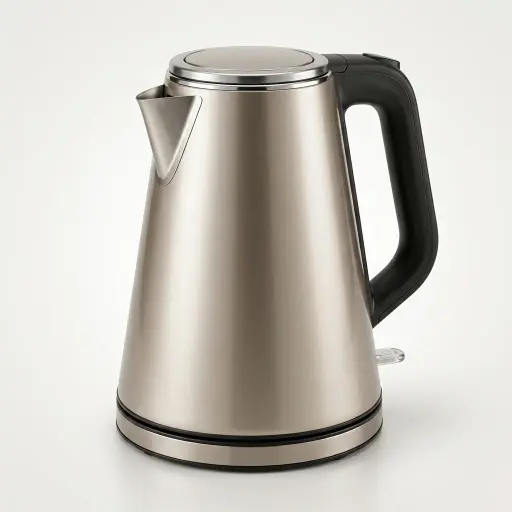 Stainless Steel Ginkgo Kettle Golden 1.2L with Auto Shut-Off — KTL-1079 — A 1.2L electric kettle in food-grade 304 stainless steel with a golden, cool-touch double-wall body for an upscale look. A 1000 to 1200W branded controller boils efficiently, with auto shut-off and boil-dry protection. A concealed element and 360-degree cordless base complete it, measuring 22x19cm, in black, ivory or silver.
