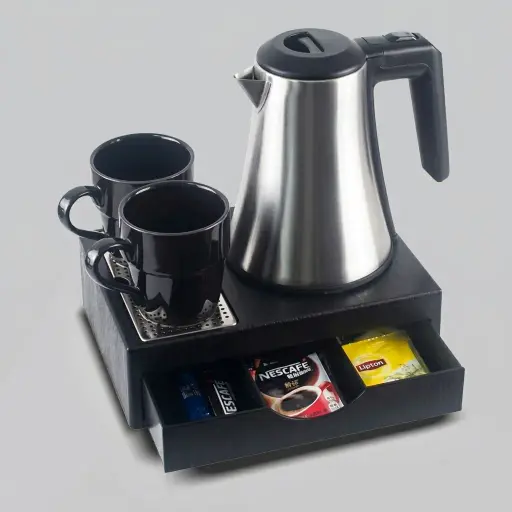 Wood Grain Drawer Tray Set with Stainless Steel 0.8L Kettle [1024] — KTS-1024 — A three-in-one welcome-tray set in tough, wood-grain ABS with a fixed kettle base and a deep removable drawer holding three sachet-and-spoon compartments. A removable 304 stainless steel drip tray and space for two cups keep service tidy and easy to clean, paired with a 0.8L stainless steel kettle. A compact 26.7x19x8cm tray finished in black.