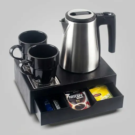 Wood Grain Drawer Tray Set with Strix Stainless Steel 0.6L Kettle — KTS-1025 — A three-in-one welcome-tray set in tough wood-grain ABS with a fixed kettle base and a deep removable drawer holding three sachet-and-spoon compartments. A removable 304 stainless steel drip tray and space for two cups keep service neat, paired with a 0.6L Strix-controlled kettle. A compact 26.7x19x8cm tray for guest rooms.