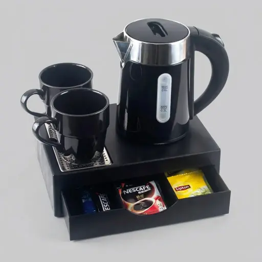 Wood Grain Drawer Set with Stainless Steel Double Body 0.6L Kettle [1026] — KTS-1026 — A three-in-one welcome-tray set in wood-grain ABS with a fixed kettle base, deep drawer and three sachet-and-spoon compartments. A removable 304 stainless steel drip tray and space for two cups keep service tidy, paired with a 0.6L double-body stainless steel kettle. Compact at 26.7x19x8cm, finished in black.