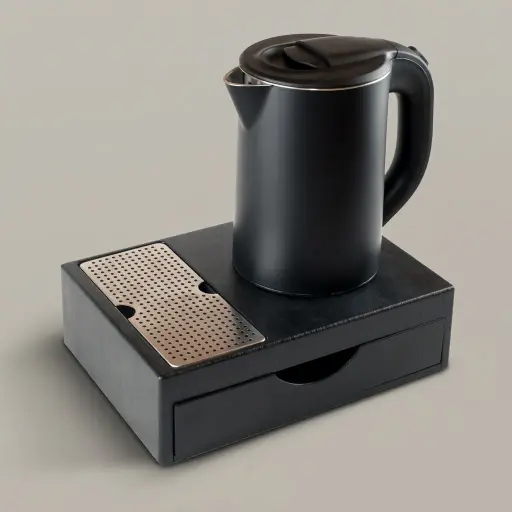 Wood Grain Drawer Set with Stainless Steel Anti-Scald 0.8L Kettle [1027] — KTS-1027 — A three-in-one welcome-tray set in tough wood-grain ABS with a fixed kettle base, deep drawer and three sachet-and-spoon compartments. A removable 304 stainless steel drip tray and space for two cups keep things tidy, paired with a 0.8L anti-scald double-body kettle. Compact at 26.7x19x8cm, finished in black.