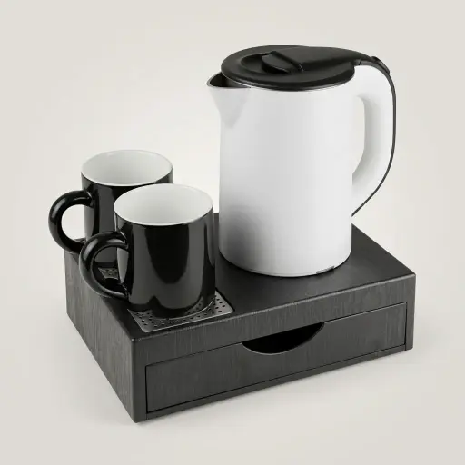 Wood Grain Drawer Set with Stainless Steel Anti-Scald 0.8L Kettle [1028] — KTS-1028 — A three-in-one welcome-tray set in wood-grain ABS with a fixed kettle base, deep drawer and three sachet-and-spoon compartments. A removable 304 stainless steel drip tray and space for two cups keep service neat, paired with a 0.8L anti-scald double-body kettle. Compact at 26.7x19x8cm, available in black or white.