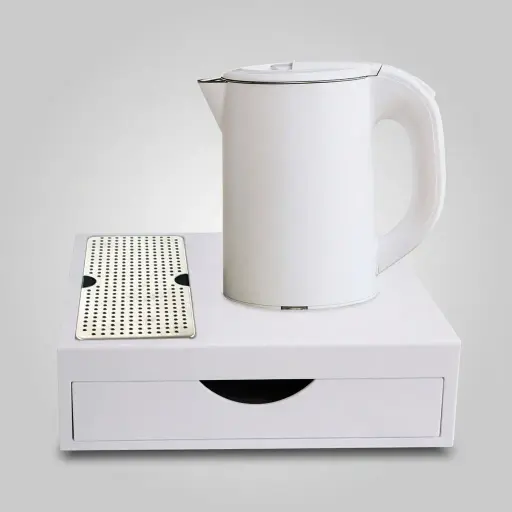 Wood Grain Drawer Set with Stainless Steel Anti-Scald 0.8L Kettle [1029] — KTS-1029 — A three-in-one welcome-tray set in tough wood-grain ABS with a fixed kettle base, deep drawer and three compartments for sachets and spoons. A removable 304 stainless steel drip tray and space for two cups keep it tidy, paired with a 0.8L anti-scald double-body kettle. Compact at 26.7x19x8cm, available in black or white.