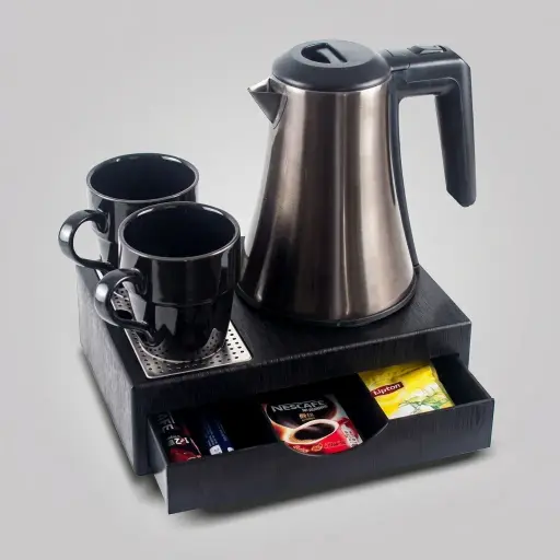 Wood Grain Drawer Tray Set with Stainless Steel 0.8L Kettle [1030] — KTS-1030 — A three-in-one welcome-tray set in wood-grain ABS with a fixed kettle base, deep drawer and three sachet-and-spoon compartments. A removable 304 stainless steel drip tray and space for two cups keep service organised, paired with a 0.8L matt gun-finish stainless steel kettle. Compact at 26.7x19x8cm, finished in black.