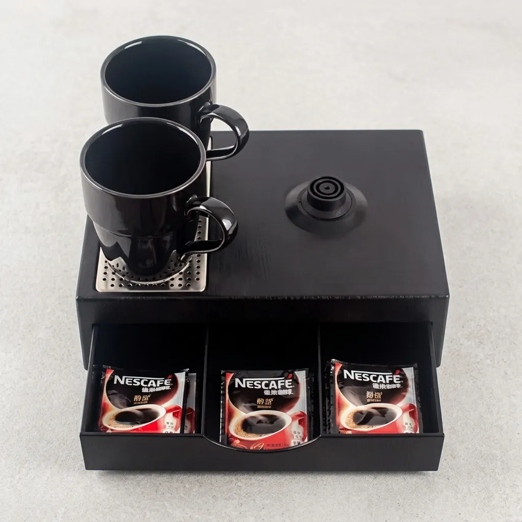 Wood Grain Drawer Set with Stainless Steel Double Body 0.6L Kettle with Matt Finish — KTS-1031 — A three-in-one welcome-tray set in tough wood-grain ABS with a fixed kettle base, deep drawer and sachet-and-spoon compartments. A removable steel drip tray and space for two cups pair with a 0.6L matt double-body kettle, in stainless steel or black. (image 3)