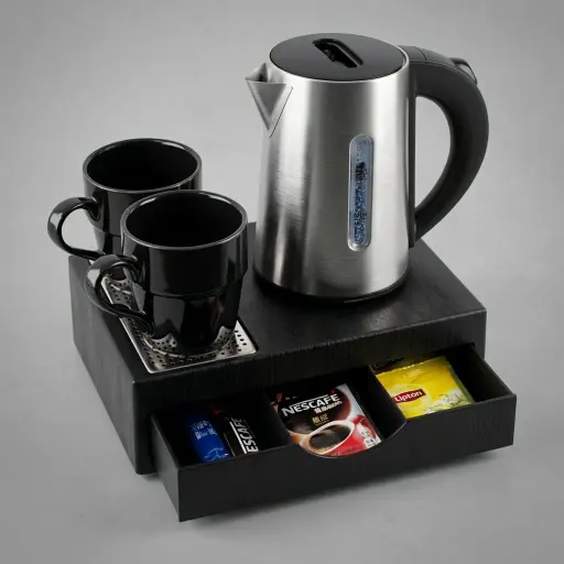Wood Grain Drawer Set with Stainless Steel Double Body 0.6L Kettle with Matt Finish — KTS-1031 — A three-in-one welcome-tray set in tough wood-grain ABS with a fixed kettle base, deep drawer and three sachet-and-spoon compartments. A removable 304 stainless steel drip tray and space for two cups keep things tidy, paired with a 0.6L matt double-body kettle. Compact at 26.7x19x8cm, in stainless steel or black.