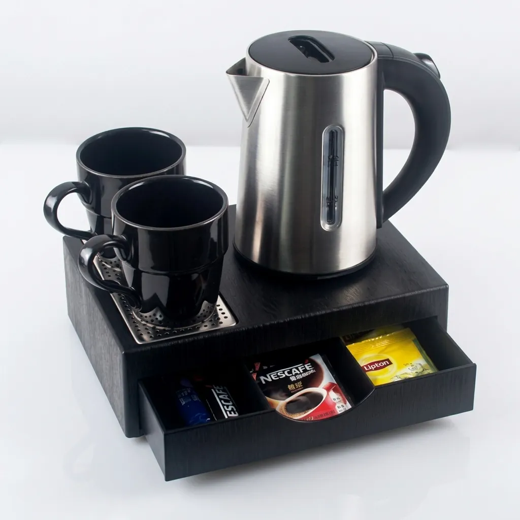 Wood Grain Drawer Set with Stainless Steel Double Body 0.6L Kettle with Matt Finish — KTS-1031 — A three-in-one welcome-tray set in tough wood-grain ABS with a fixed kettle base, deep drawer and sachet-and-spoon compartments. A removable steel drip tray and space for two cups pair with a 0.6L matt double-body kettle, in stainless steel or black. (image 5)