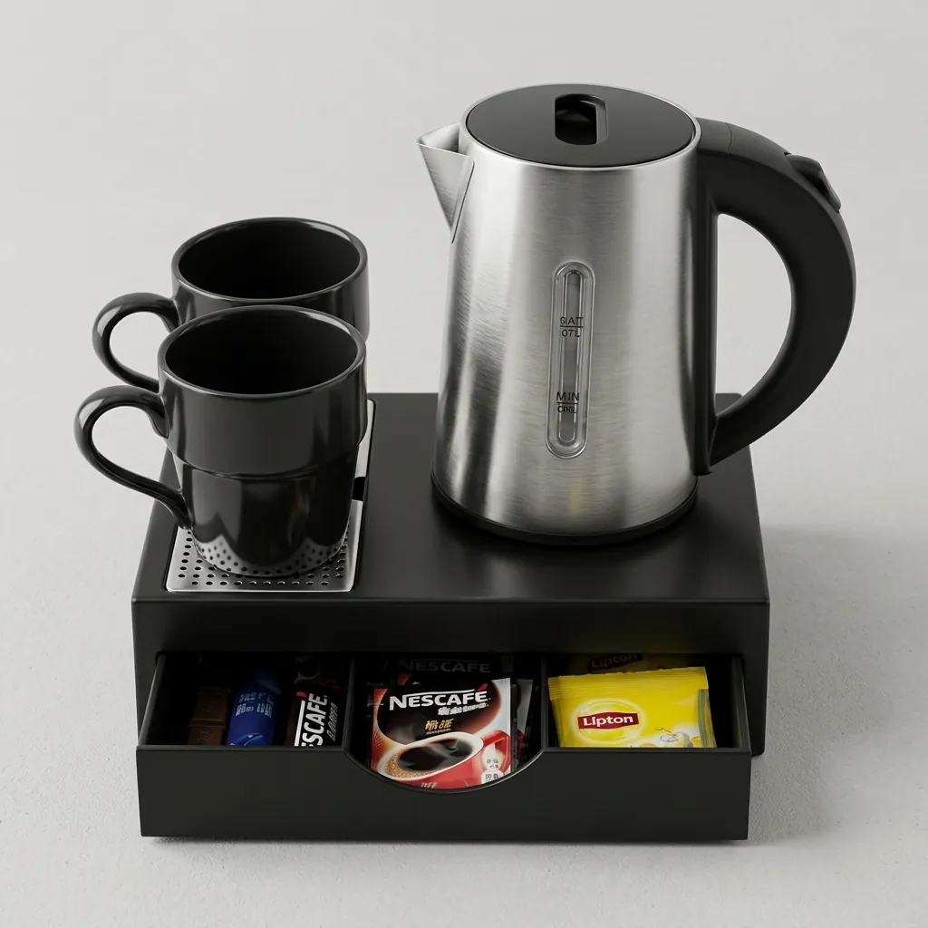 Wood Grain Drawer Set with Stainless Steel Double Body 0.6L Kettle with Matt Finish — KTS-1031 — A three-in-one welcome-tray set in tough wood-grain ABS with a fixed kettle base, deep drawer and sachet-and-spoon compartments. A removable steel drip tray and space for two cups pair with a 0.6L matt double-body kettle, in stainless steel or black. (image 6)
