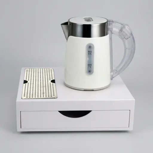 Wood Grain Drawer Set with Stainless Steel Double Body 0.6L Kettle [1032] — KTS-1032 — A three-in-one welcome-tray set in wood-grain ABS with a fixed kettle base, deep drawer and three sachet-and-spoon compartments. A removable 304 stainless steel drip tray and space for two cups keep service neat, paired with a 0.6L double-body stainless steel kettle. Compact at 26.7x19x8cm, finished in white.