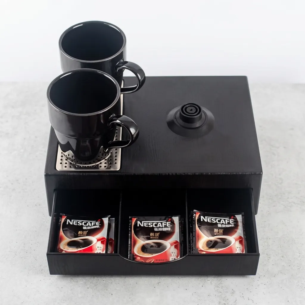 Wood Grain Drawer Set with Strix Seamless Stainless Steel 0.8L Kettle — KTS-1033 — A three-in-one welcome-tray set in tough wood-grain ABS with a fixed kettle base, deep drawer and sachet-and-spoon compartments. A removable steel drip tray and space for two cups pair with a 0.8L seamless 316 steel Strix kettle, in black. (image 3)