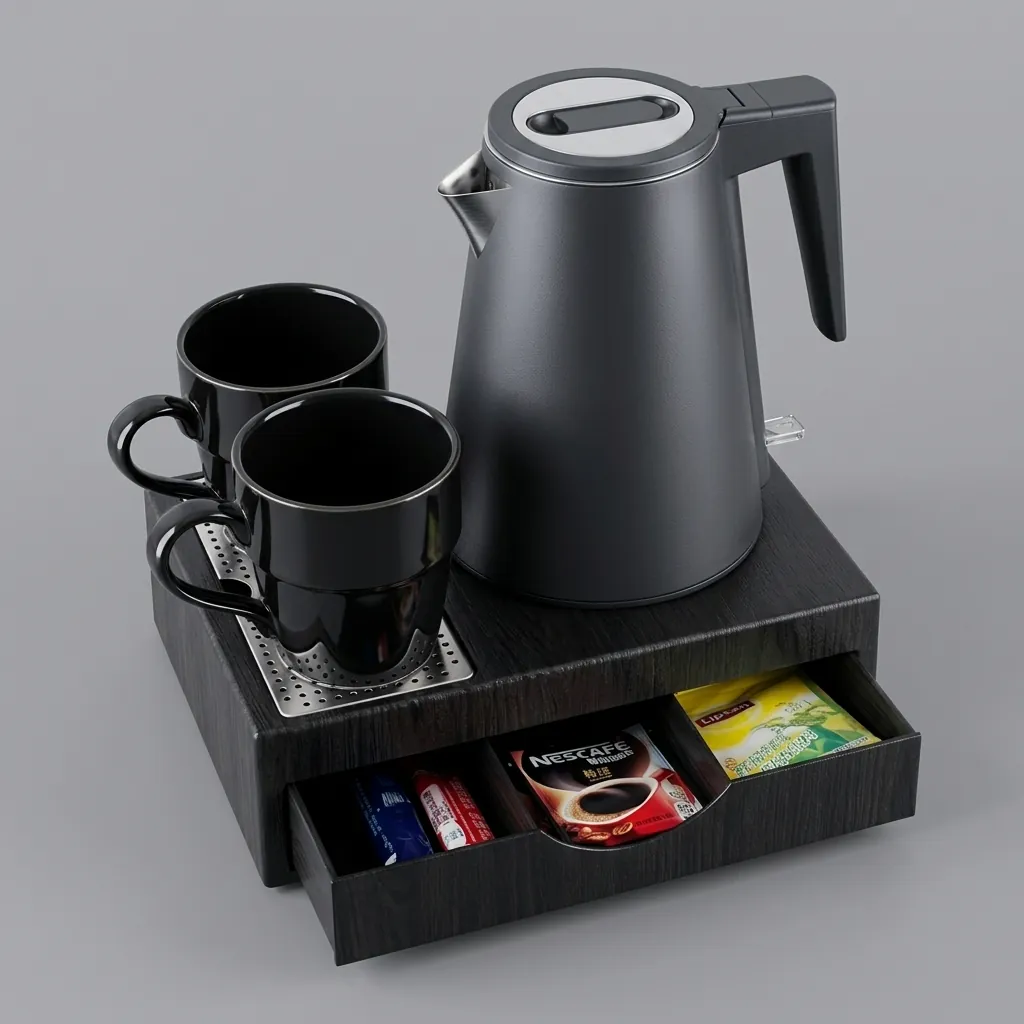 Wood Grain Drawer Set with Strix Seamless Stainless Steel 0.8L Kettle — KTS-1033 — A three-in-one welcome-tray set in tough wood-grain ABS with a fixed kettle base, deep drawer and sachet-and-spoon compartments. A removable steel drip tray and space for two cups pair with a 0.8L seamless 316 steel Strix kettle, in black. (image 5)