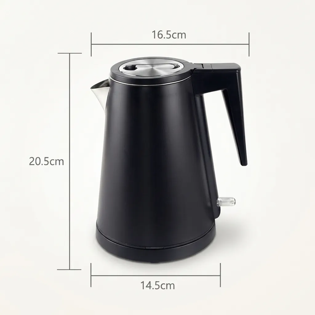 Wood Grain Drawer Set with Strix Seamless Stainless Steel 0.8L Kettle — KTS-1033 — A three-in-one welcome-tray set in tough wood-grain ABS with a fixed kettle base, deep drawer and sachet-and-spoon compartments. A removable steel drip tray and space for two cups pair with a 0.8L seamless 316 steel Strix kettle, in black. (image 6)