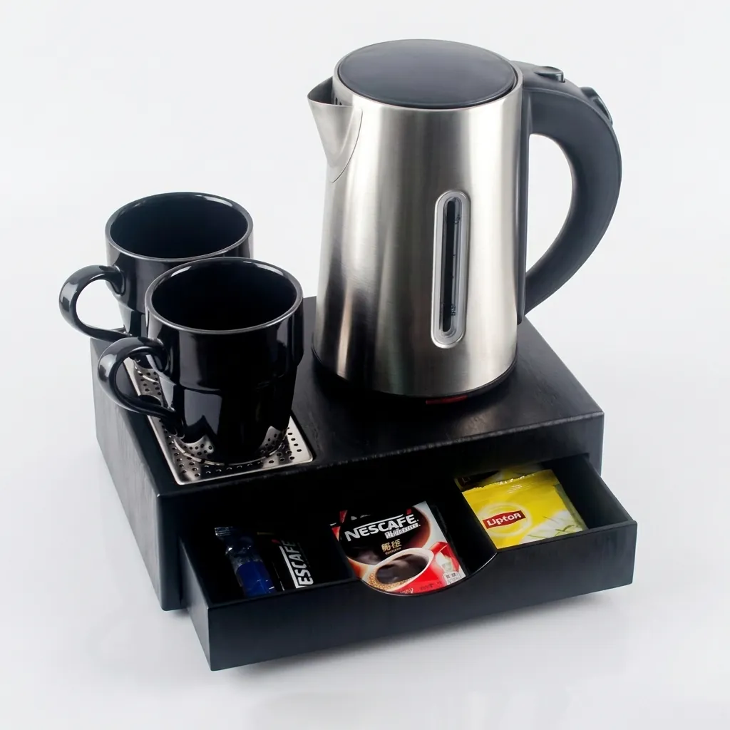 Wood Grain Drawer Tray Set with Stainless Steel 0.8L Kettle [1034] — KTS-1034 — A three-in-one welcome-tray set in wood-grain ABS with a fixed kettle base, deep drawer and three sachet-and-spoon compartments. A removable 304 stainless steel drip tray and space for two cups keep service organised, paired with a 0.8L matt stainless steel kettle. Compact at 26.7x19x8cm, in stainless steel or black. (image 4)