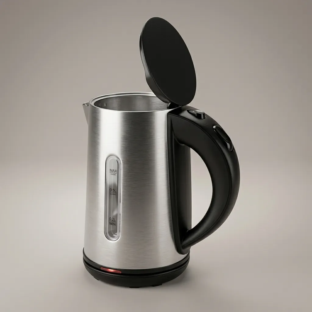 Wood Grain Drawer Tray Set with Stainless Steel 0.8L Kettle [1034] — KTS-1034 — A three-in-one welcome-tray set in wood-grain ABS with a fixed kettle base, deep drawer and three sachet-and-spoon compartments. A removable 304 stainless steel drip tray and space for two cups keep service organised, paired with a 0.8L matt stainless steel kettle. Compact at 26.7x19x8cm, in stainless steel or black. (image 6)