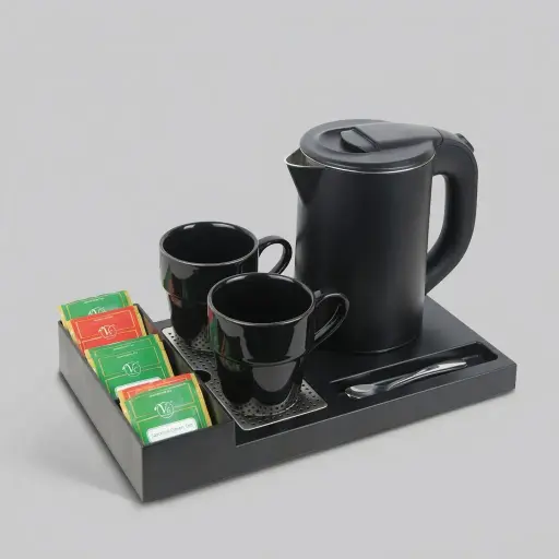 ABS Tray Set with Stainless Steel Anti-Scald 0.8L Kettle [1038] — KTS-1038 — A three-in-one ABS welcome tray with a fixed kettle base, three sachet compartments and a spoon section. A removable 304 stainless steel drip tray and space for two cups keep things neat, paired with a 0.8L anti-scald double-body kettle. A slim 35x20.4x5cm tray, finished in black.