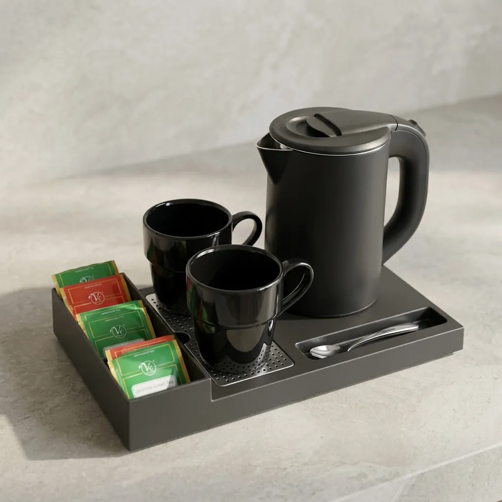 ABS Tray Set with Stainless Steel Anti-Scald 0.8L Kettle [1038] — KTS-1038 — A three-in-one ABS welcome tray with a fixed kettle base, sachet compartments and a spoon section. A removable steel drip tray and space for two cups pair with a 0.8L anti-scald double-body kettle, finished in black. (image 3)
