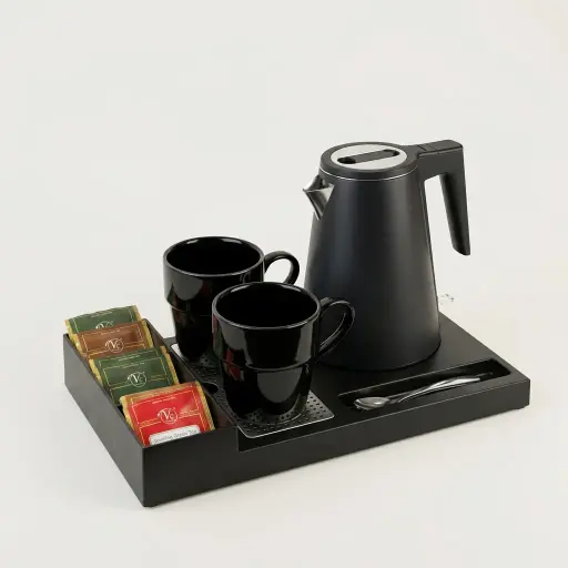 ABS Tray Set with Strix Seamless Stainless Steel 0.8L Kettle [1039] — KTS-1039 — A three-in-one ABS welcome tray with a fixed kettle base, three sachet compartments and a spoon section. A removable 304 stainless steel drip tray and space for two cups keep service tidy, paired with a 0.8L seamless 316 steel Strix kettle. A slim 35x20.4x5cm tray, finished in black.