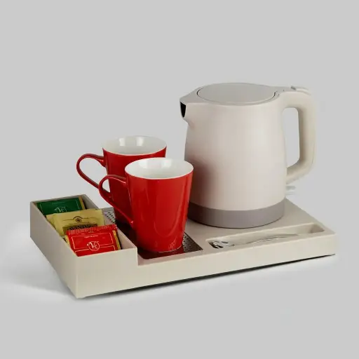 ABS Tray Set with Stainless Steel Anti-Scald 0.8L Kettle [1042] — KTS-1042 — A three-in-one ABS welcome tray with a fixed kettle base, three sachet compartments and a spoon section. A removable 304 stainless steel drip tray and space for two cups keep things tidy, paired with a 0.8L anti-scald double-body kettle. A slim 35x20.4x5cm tray, finished in khaki.