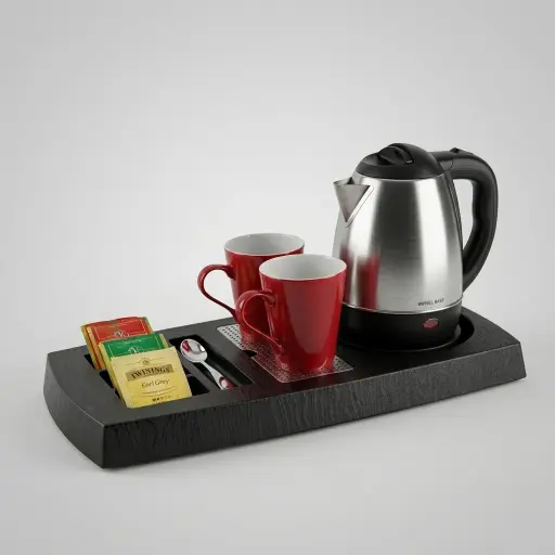 Wood Grain Tray Set with Stainless Steel 1.2L Kettle with Spout Strainer [1047] — KTS-1047 — A three-in-one wood-grain ABS welcome tray with a fixed kettle base, four sachet-and-spoon compartments and a removable 304 stainless steel drip tray. Rounded corners make it easy to clean, paired with a 1.2L stainless steel kettle featuring an LED display and spout strainer. A generous 38.5x30.5cm tray, finished in black.