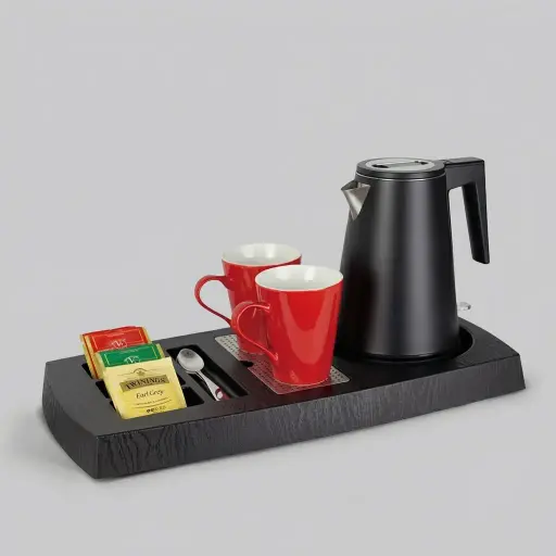 Wood Grain Tray Set with Strix Seamless Stainless Steel 0.8L Kettle [1048] — KTS-1048 — A three-in-one wood-grain ABS welcome tray with a fixed kettle base, four sachet-and-spoon compartments and a removable 304 stainless steel drip tray. Rounded corners ease cleaning, paired with a 0.8L seamless 316 steel Strix kettle. A generous 38.5x30.5cm tray, finished in black.