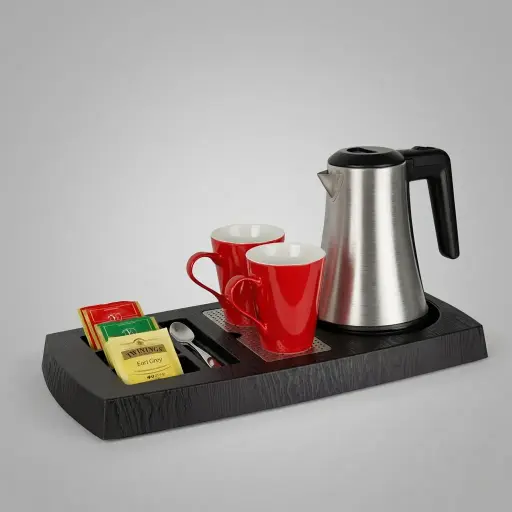 Wood Grain 3-in-1 Tray Set with Stainless Steel 0.8L Kettle [1049] — KTS-1049 — A three-in-one wood-grain ABS welcome tray with a fixed kettle base, four sachet-and-spoon compartments and a removable 304 stainless steel drip tray. Rounded corners keep it easy to clean, paired with a 0.8L matt stainless steel kettle. A generous 38.5x30.5cm tray, finished in black.