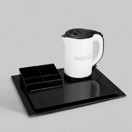 Melamine Tray Set with Stainless Steel Anti-Scald 0.8L Kettle [1051] — KTS-1051 — A melamine welcome-tray set comprising a main tray, a four-compartment tea box and a matching serving tray. Made from strong, fire-resistant non-crack melamine with a polished, easy-clean finish, it pairs with a 0.8L anti-scald stainless steel kettle. The main tray measures 38.5x32.5cm, available in black or white.