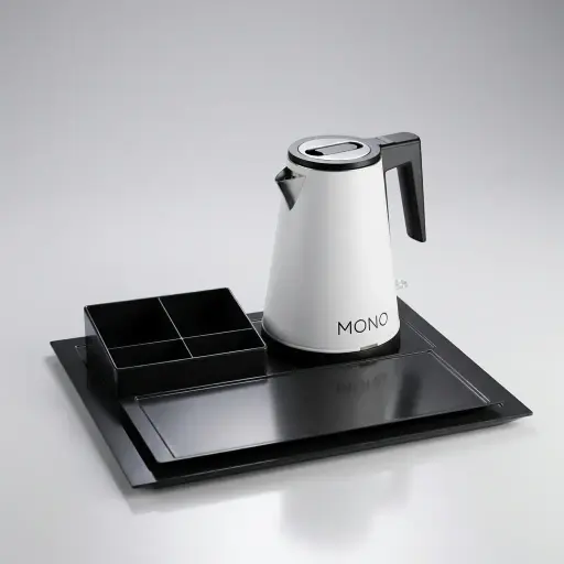 Melamine Tray Set with Strix Seamless Stainless Steel 0.8L Kettle [1052] — KTS-1052 — A melamine welcome-tray set with a main tray, four-compartment tea box and matching serving tray in strong, fire-resistant non-crack melamine. The polished surface wipes clean easily, paired with a 0.8L seamless 316 steel Strix kettle. The main tray measures 38.5x32.5cm, available in black or white.