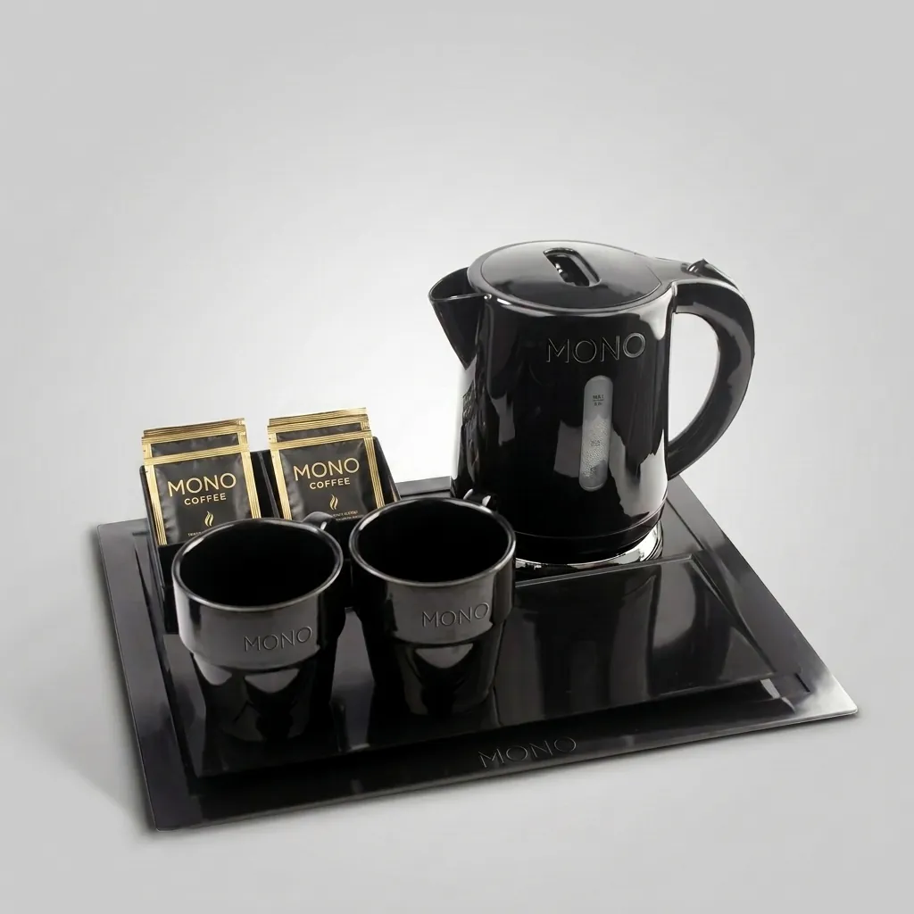 Melamine Tray Set with Stainless Steel 0.8L Kettle [1057] — KTS-1057 — A melamine welcome-tray set with a main tray, four-compartment tea box and matching serving tray in strong, fire-resistant non-crack melamine. The polished surface wipes clean easily, paired with a 0.8L stainless steel kettle. The main tray measures 38.5x32.5cm, finished in black. (image 1)