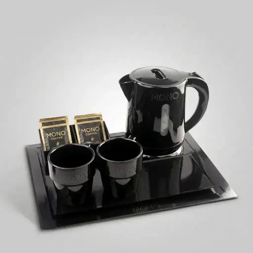 Melamine Tray Set with Stainless Steel 0.8L Kettle [1057] — KTS-1057 — A melamine welcome-tray set with a main tray, four-compartment tea box and matching serving tray in strong, fire-resistant non-crack melamine. The polished surface wipes clean easily, paired with a 0.8L stainless steel kettle. The main tray measures 38.5x32.5cm, finished in black.
