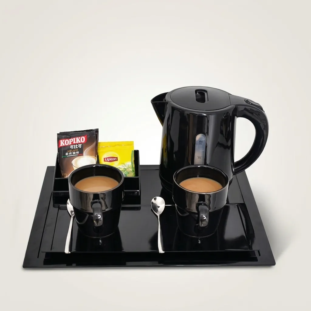 Melamine Tray Set with Stainless Steel 0.8L Kettle [1057] — KTS-1057 — A melamine welcome-tray set with a main tray, four-compartment tea box and matching serving tray in strong, fire-resistant non-crack melamine. The polished surface wipes clean easily, paired with a 0.8L stainless steel kettle. The main tray measures 38.5x32.5cm, finished in black. (image 4)