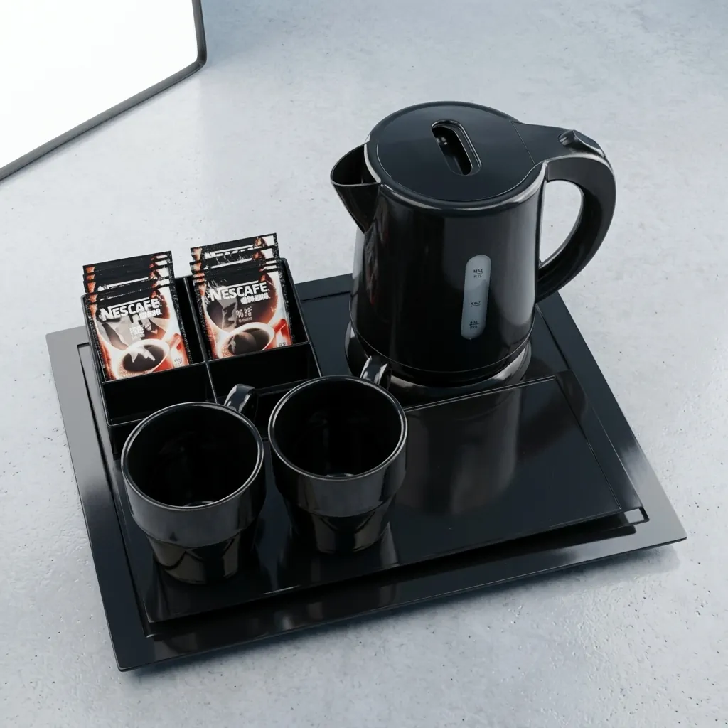 Melamine Tray Set with Stainless Steel 0.8L Kettle [1057] — KTS-1057 — A melamine welcome-tray set with a main tray, four-compartment tea box and matching serving tray in strong, fire-resistant non-crack melamine. The polished surface wipes clean easily, paired with a 0.8L stainless steel kettle. The main tray measures 38.5x32.5cm, finished in black. (image 5)