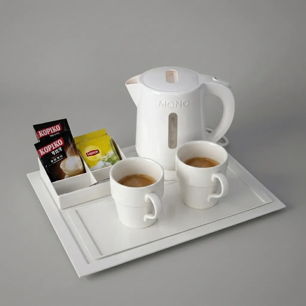 Melamine Tray Set with Stainless Steel 0.8L Kettle [1058] — KTS-1058 — A melamine welcome-tray set with a main tray, four-compartment tea box and matching serving tray in strong, fire-resistant non-crack melamine. The polished surface wipes clean easily, paired with a 0.8L stainless steel kettle. The main tray measures 38.5x32.5cm, finished in white. (image 1)