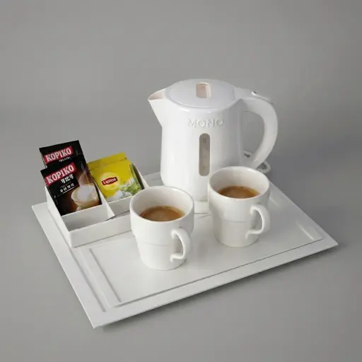 Melamine Tray Set with Stainless Steel 0.8L Kettle [1058] — KTS-1058 — A melamine welcome-tray set with a main tray, four-compartment tea box and matching serving tray in strong, fire-resistant non-crack melamine. The polished surface wipes clean easily, paired with a 0.8L stainless steel kettle. The main tray measures 38.5x32.5cm, finished in white.