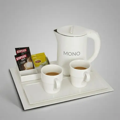 Melamine Tray Set with Double Body 1.2L Kettle [1067] — KTS-1067 — A melamine welcome-tray set with a main tray, four-compartment tea box and matching serving tray in strong, fire-resistant non-crack melamine. The polished surface wipes clean easily, paired with a 1.2L double-body stainless steel kettle. The main tray measures 38.5x32.5cm, finished in ivory.