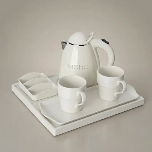 Melamine Tray Set with Stainless Steel Double Body 0.8L Kettle [1068] — KTS-1068 — A melamine welcome-tray set with a main tray, three-compartment tea box and matching serving tray in strong, fire-resistant non-crack melamine. The polished, easy-clean surface pairs with a 0.8L double-body stainless steel kettle. The main tray measures 34.5x31.5cm, finished in ivory.