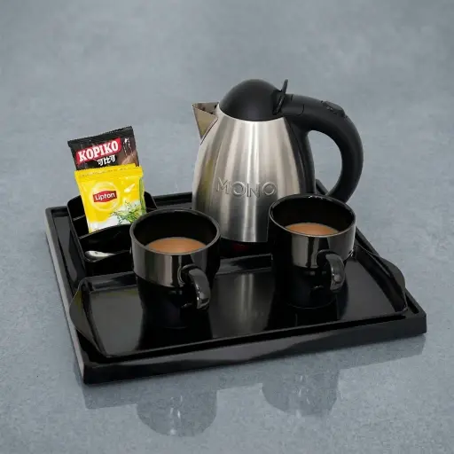 Melamine Tray Set with Strix Stainless Steel 0.8L Kettle [1069] — KTS-1069 — A melamine welcome-tray set with a main tray, three-compartment tea box and matching serving tray in strong, fire-resistant non-crack melamine. The polished surface wipes clean easily, paired with a 0.8L Strix-controlled stainless steel kettle. The main tray measures 34.5x31.5cm, in stainless steel or black.